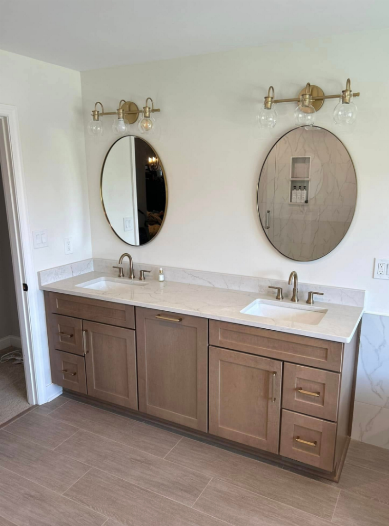 Custom bathroom remodel Pittsburgh PA vanity, counter, fixtures, flooring