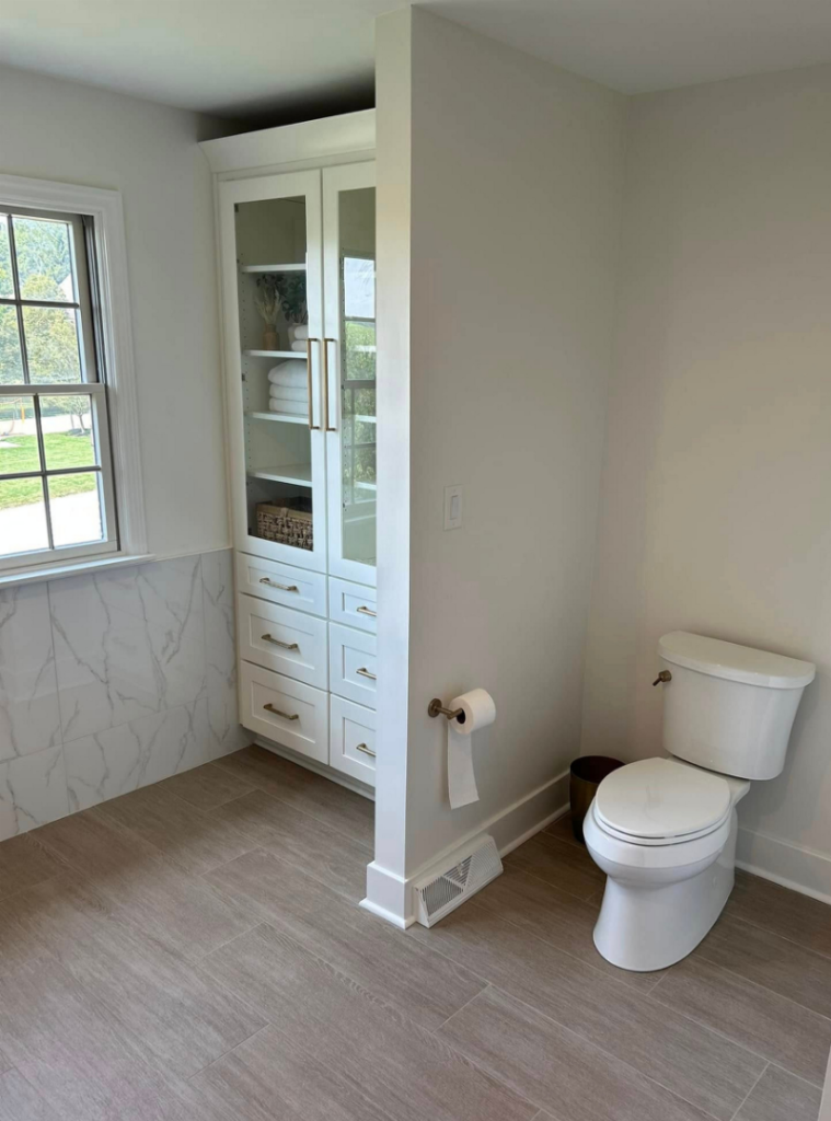 Remodeled Bathroom floors, tile and cabinetry